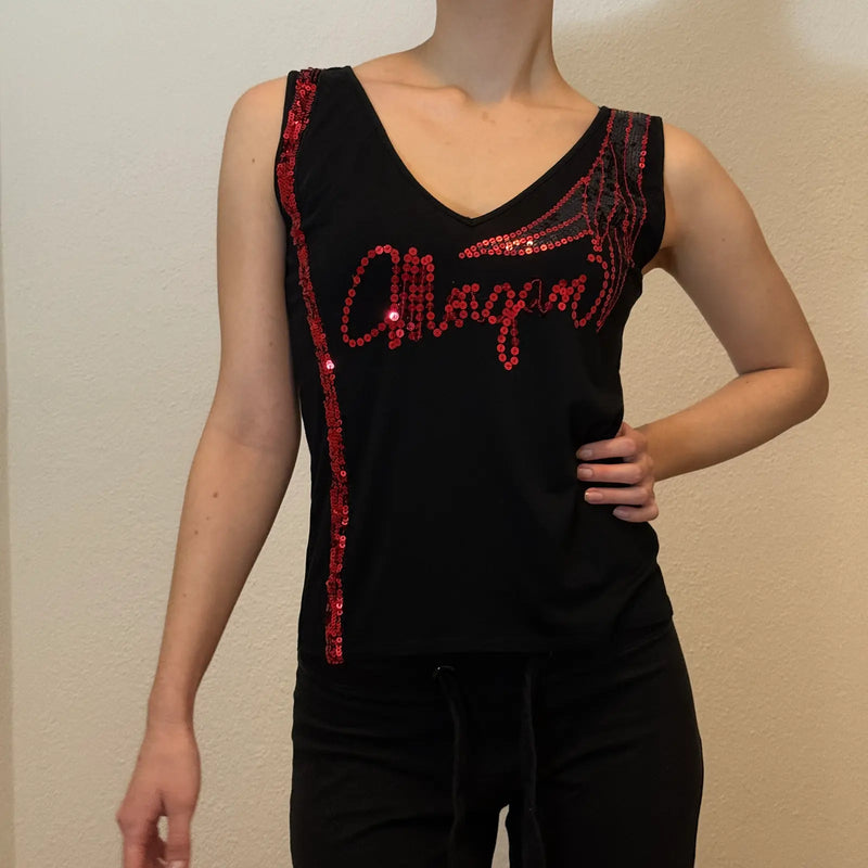 Morgan de Toi Vintage Top with Red Sequin Logo – Y2K Glam (S/M)