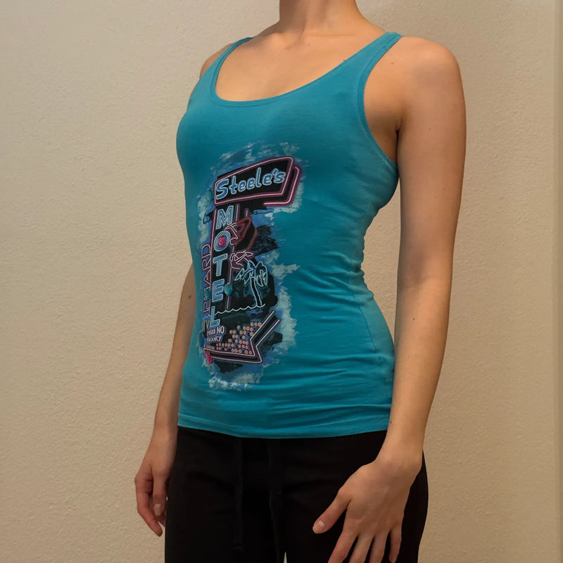 Steele’s Motel Turquoise Tank Top – Vintage Y2K Graphic Print (S)