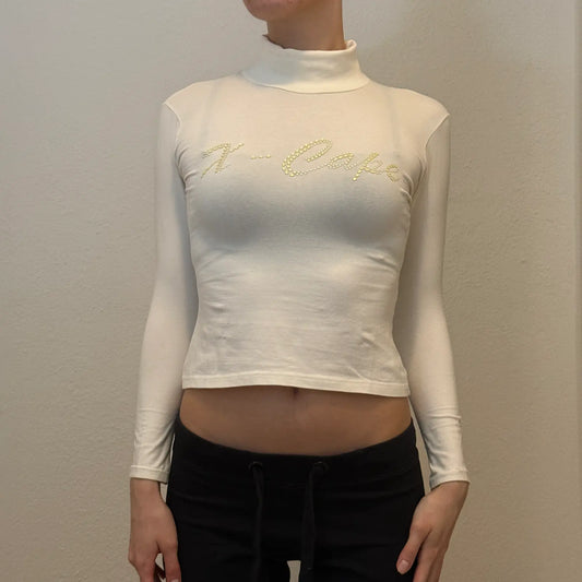 Y2K White Rhinestone Logo Mock Neck Long Sleeve Top - X-Cape (S)