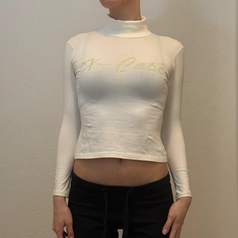Y2K White Rhinestone Logo Mock Neck Long Sleeve Top - X-Cape (S)