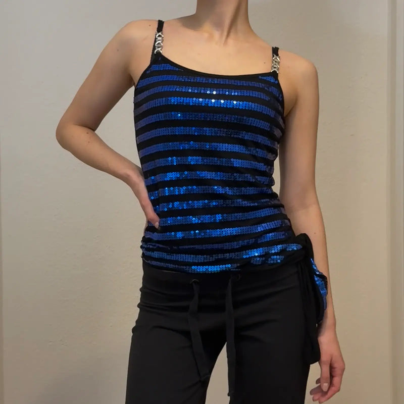 Retro Blue & Black Sequin Striped Cami Top – Chain Strap Detail (S)