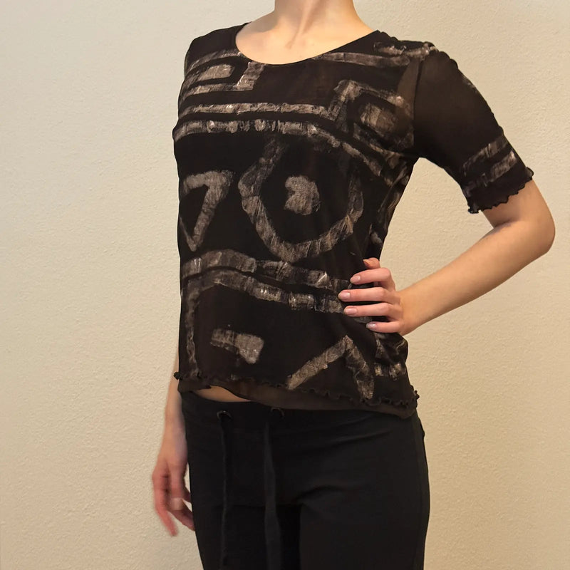 2000s Sheer Black Abstract Print Mesh Top – Short Sleeve (S)