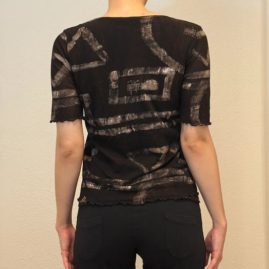2000s Sheer Black Abstract Print Mesh Top – Short Sleeve (S)