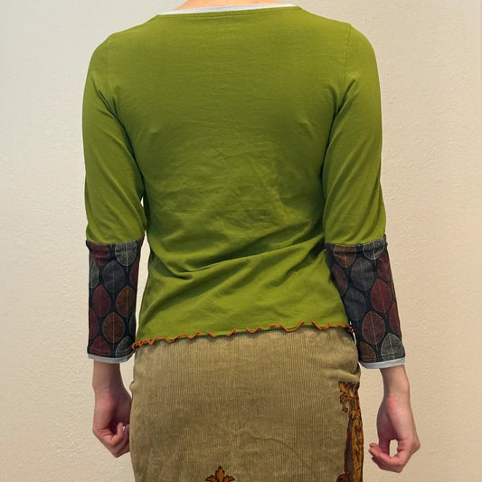 Boho Green Leaf Print Patchwork Long Sleeve Top – Retro 2000s (S)