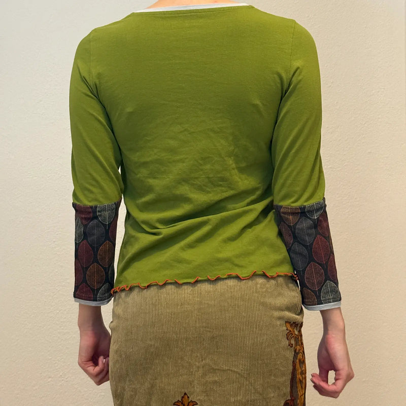 Boho Green Leaf Print Patchwork Long Sleeve Top – Retro 2000s (S)