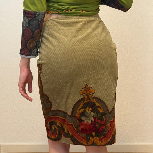 Vintage Olive Corduroy Skirt with Tapestry Floral Embroidery (S)