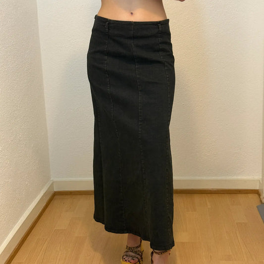 Vintage Black Denim Maxi Skirt with Slit (S)