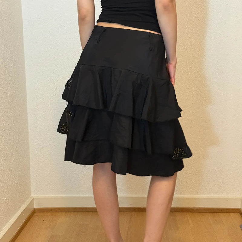 Vintage Black Ruffle Skirt with Floral Embroidery (S)