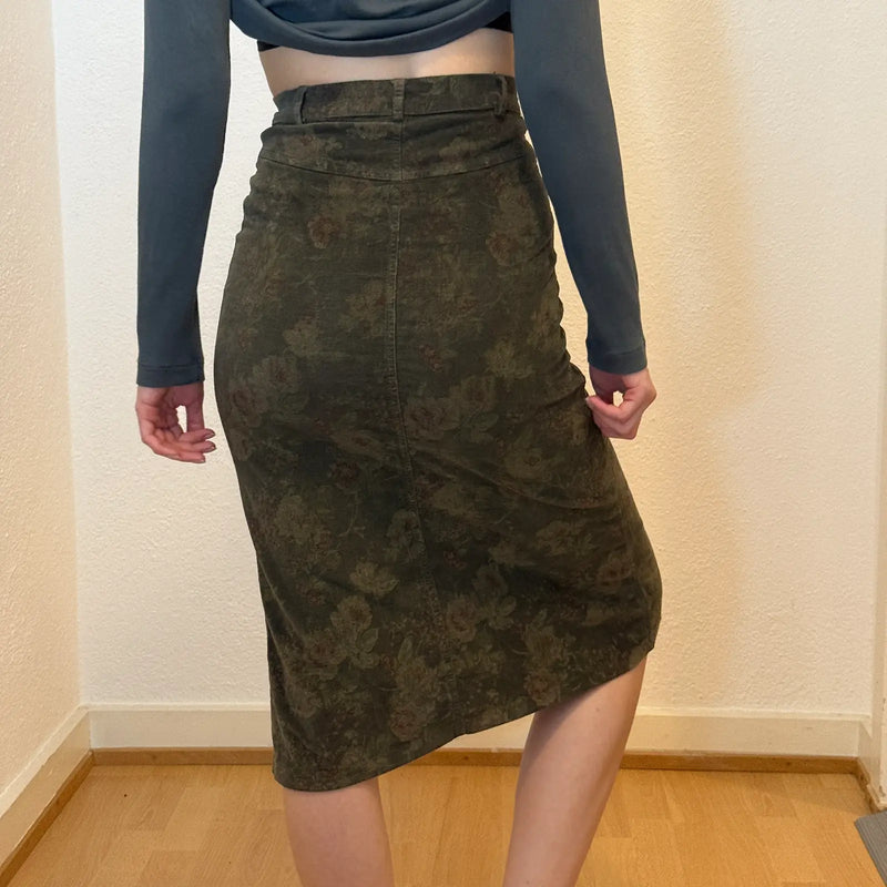 Vintage Olive Green Floral Velour Pencil Skirt w/ Side Slit (S)
