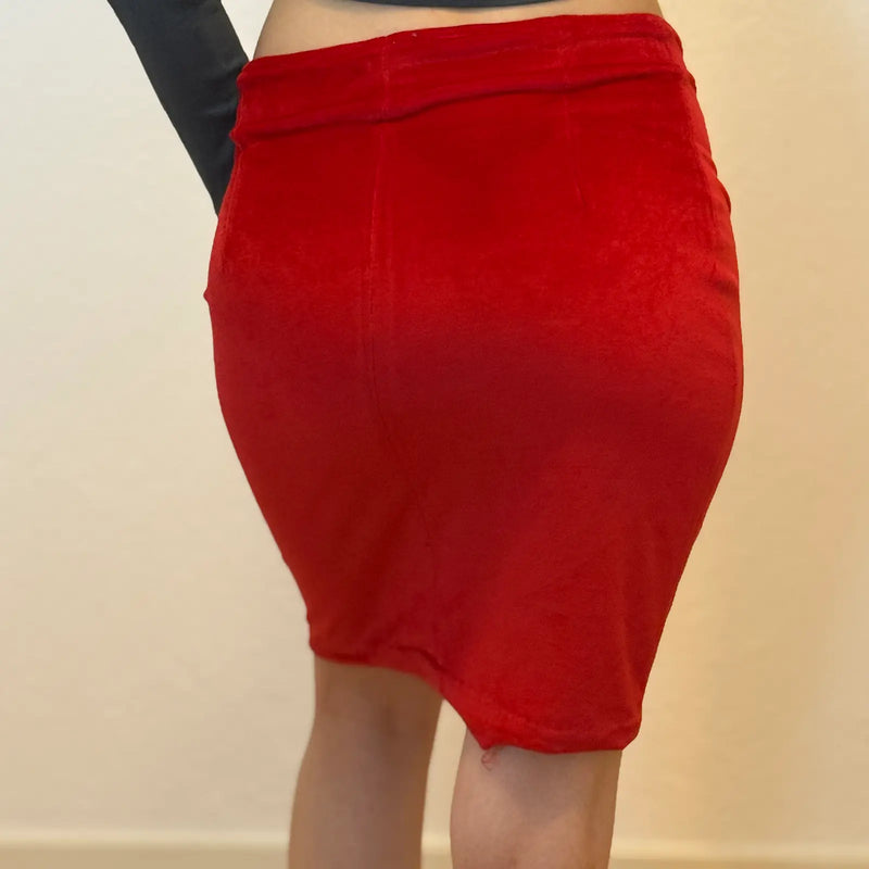 Vintage Y2K Red Velvet Bodycon Skirt – Stretchy Mini/Midi (S)