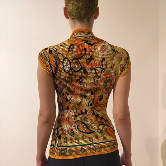 Orange Paisley Floral Shimmer Sleeveless Top – Vintage 2000s (S)