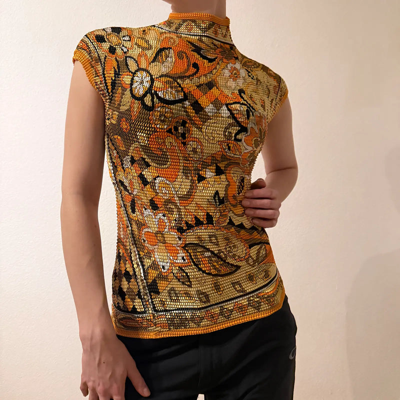 Orange Paisley Floral Shimmer Sleeveless Top – Vintage 2000s (S)