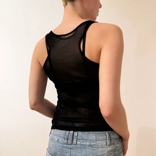 Y2K Black Rhinestone Tank Top with Red Love Slogan – Vintage 2000s (S)