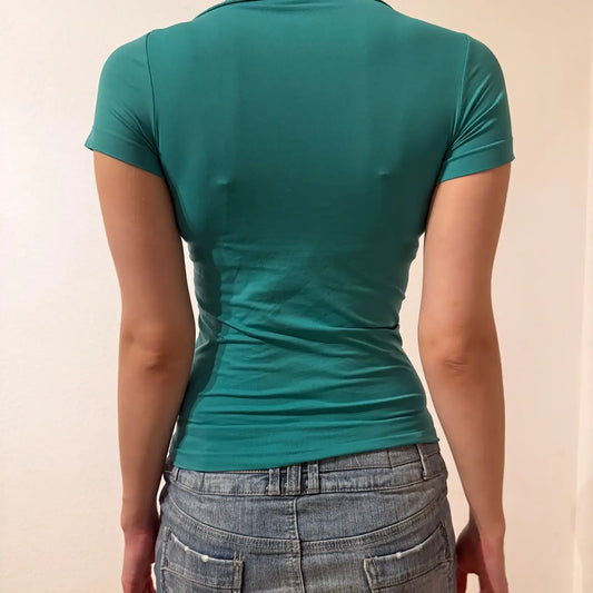 Teal Fitted Polo Shirt with Snap Buttons – Vintage 2000s Preppy Top (S)