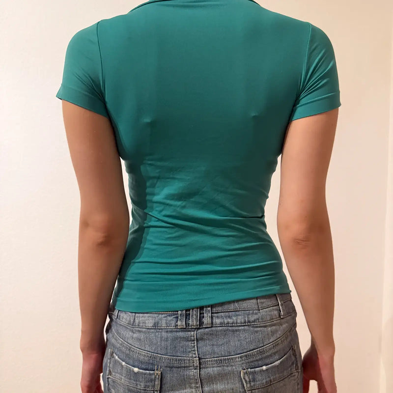Teal Fitted Polo Shirt with Snap Buttons – Vintage 2000s Preppy Top (S)