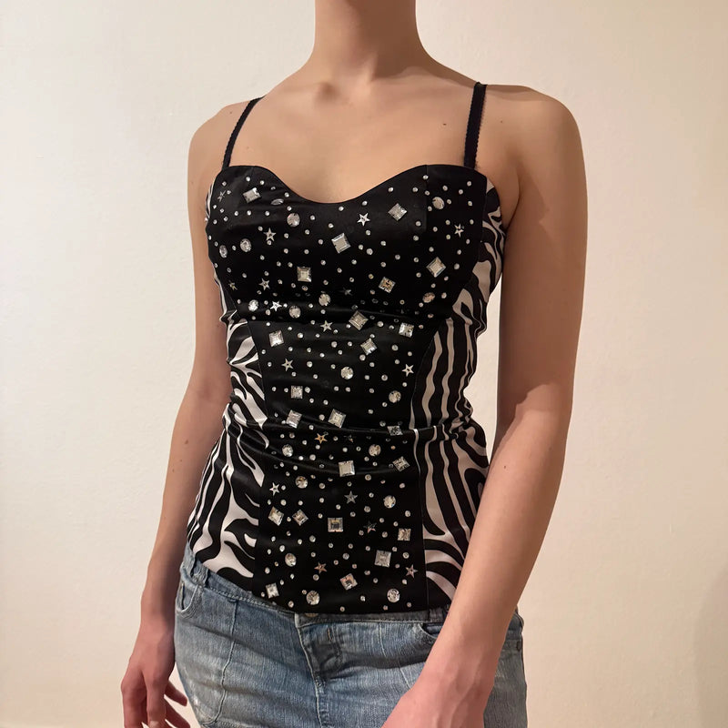 Y2K Black Satin Rhinestone Zebra Print Corset – Vintage 2000s Party (S)