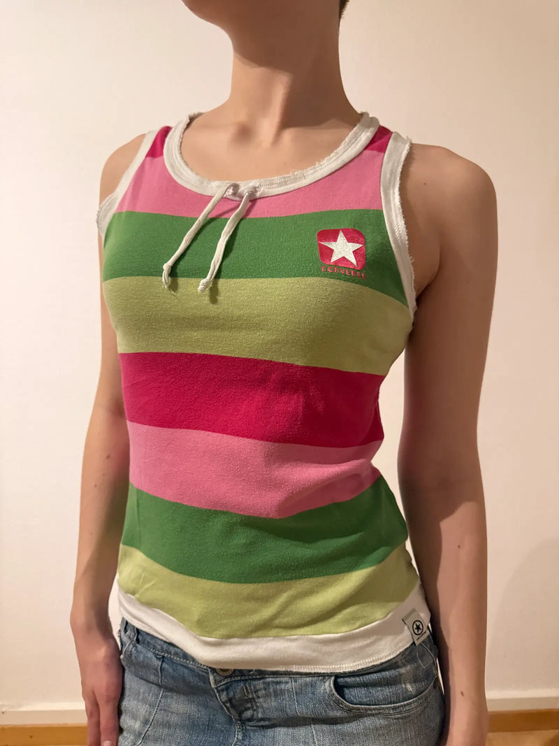 Y2K Converse Pink Green Striped Tank Top with Star Logo - 2000s vibe (S)