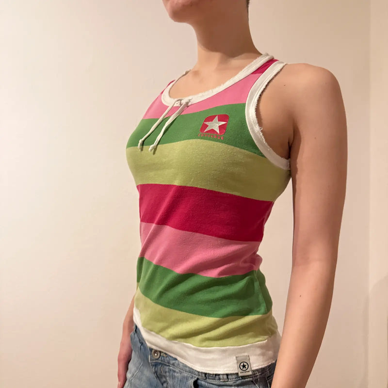 Y2K Converse Pink Green Striped Tank Top with Star Logo - 2000s vibe (S)