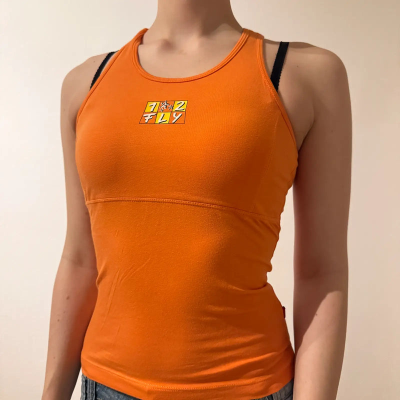 Y2K Orange Racerback Tank with Retro Graphic Patch - Sporty Graphic Shirt (S)