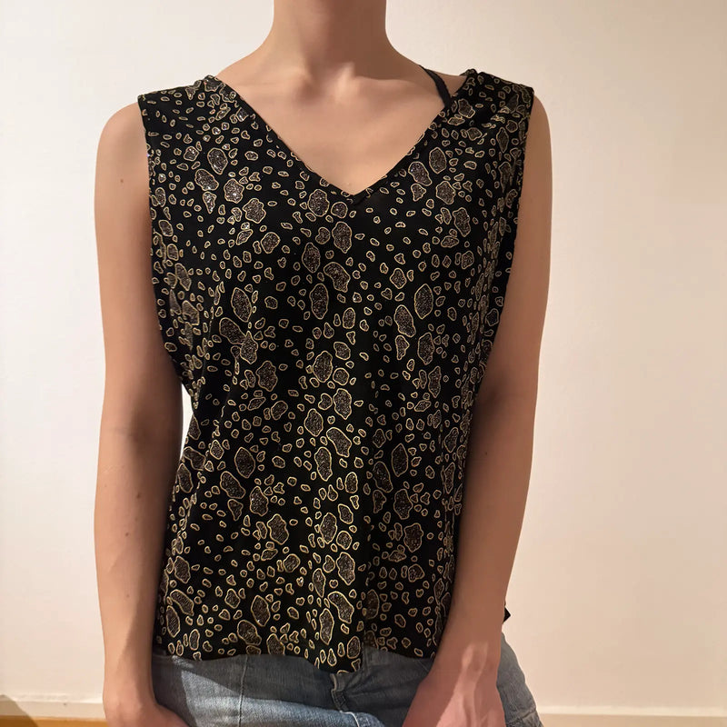 Y2K Black Gold Leopard Print Sleeveless V-Neck Top – Vintage 2000s (M)
