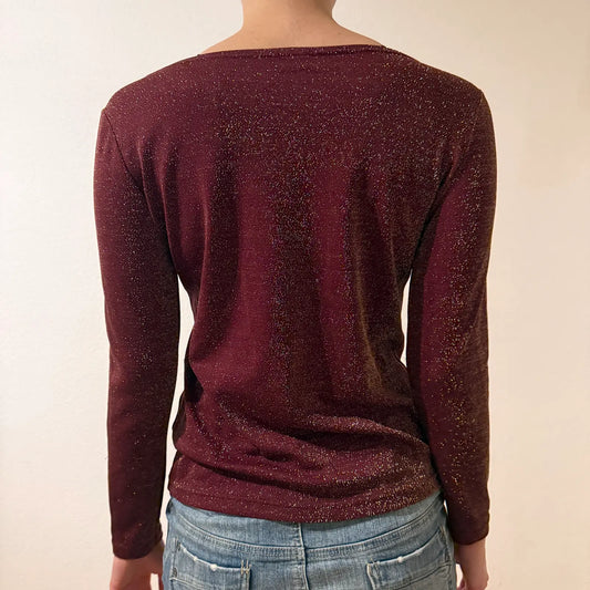 Y2K Burgundy Shimmer Long Sleeve Top – Vintage 2000s Sparkle Party Shirt (S)