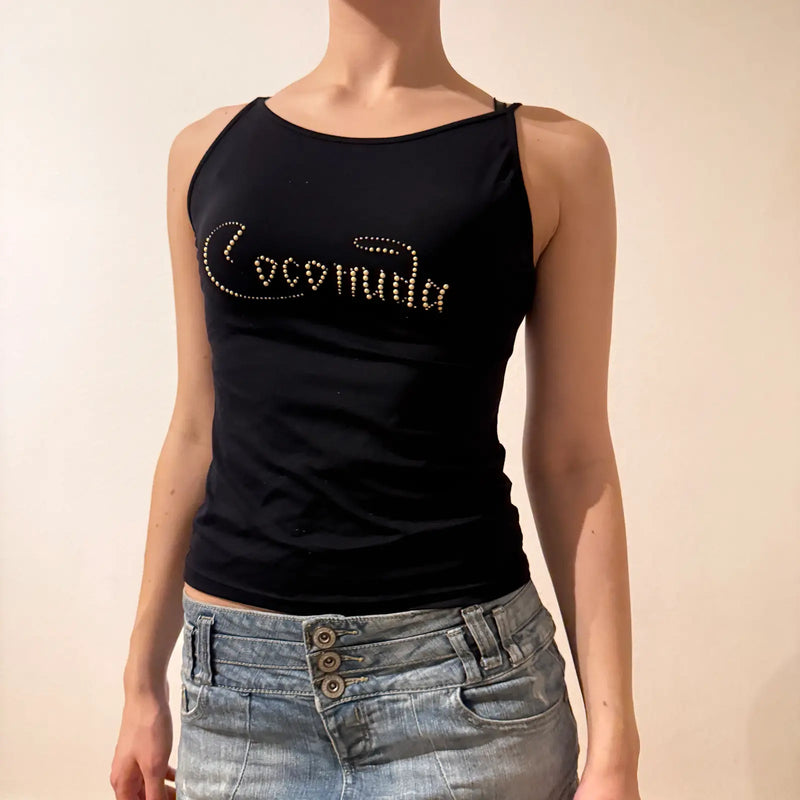 Black Rhinestone Logo Tank Top – Vintage 2000s Party Cami (S)