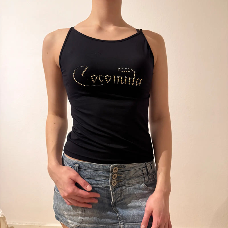 Black Rhinestone Logo Tank Top – Vintage 2000s Party Cami (S)