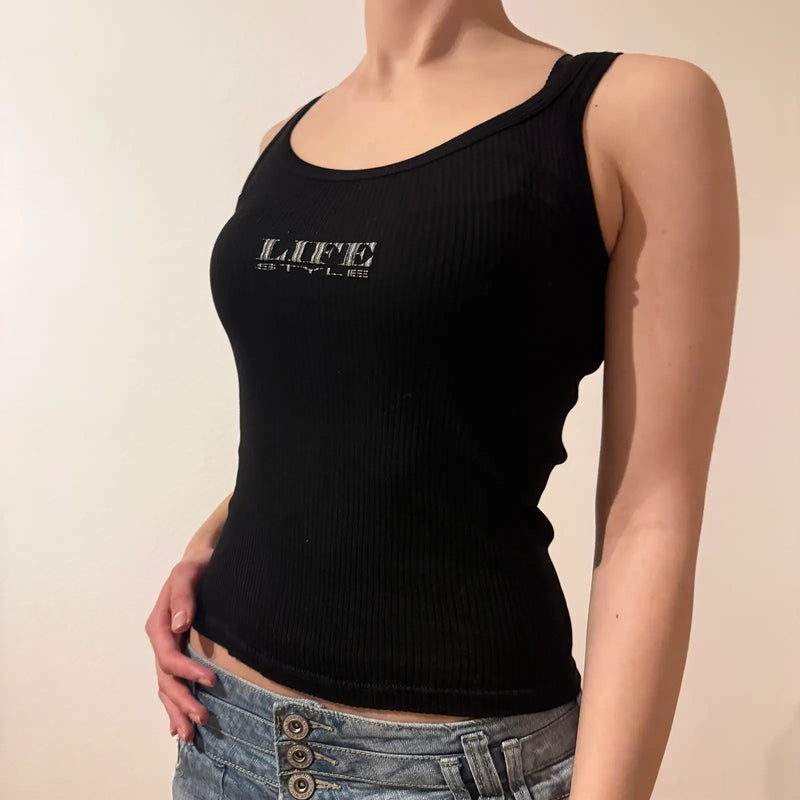 Y2K Black Ribbed Tank Top with Silver Life Style Graphic – Vintage 2000s (S)