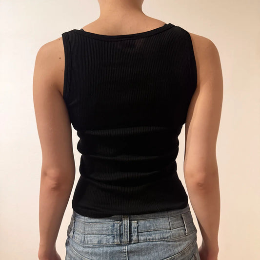 Y2K Black Ribbed Tank Top with Silver Life Style Graphic – Vintage 2000s (S)