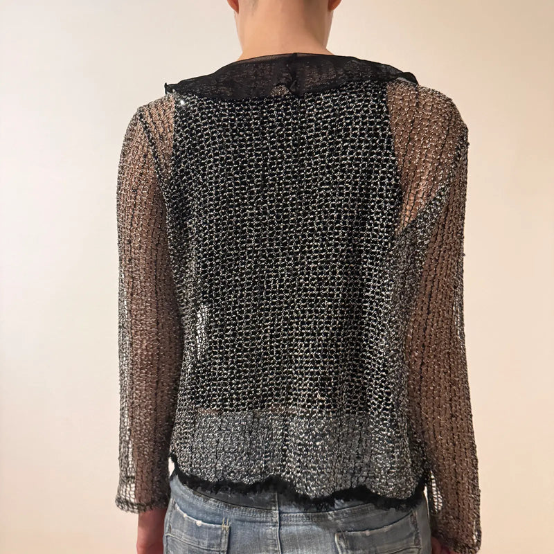 Sheer Metallic Mesh Shrug – Y2K Glitter Lace Trim Cardigan (S)