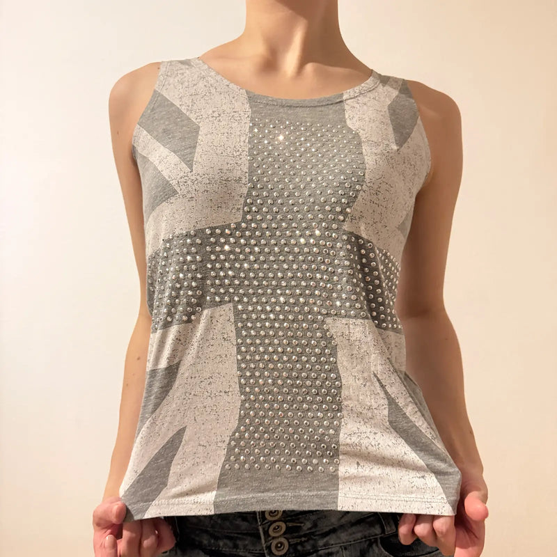 Union Jack Rhinestone Tank Top – Vintage 2000s Sleeveless Y2K Glam Shirt (S)