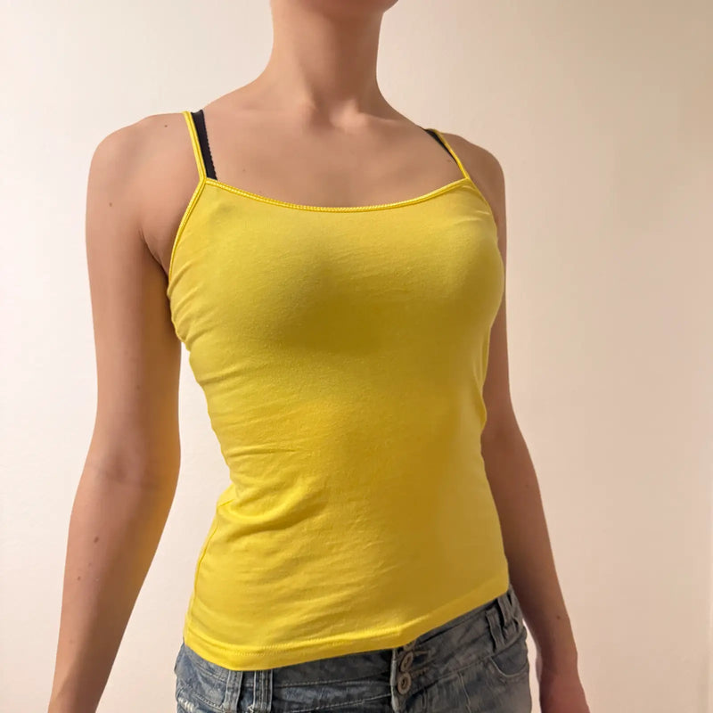 Vintage Yellow Cami Top – Y2K Spaghetti Strap Tank Stretchy Basics (S)