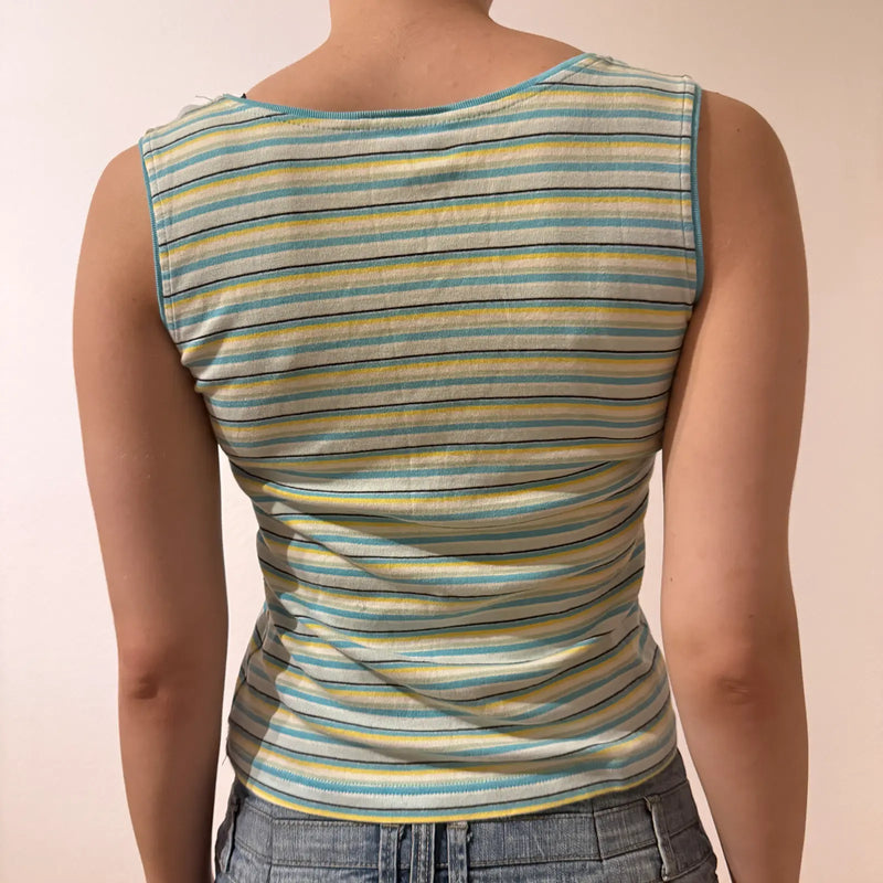 Striped Pastel Sleeveless Crop Top – Vintage 2000s Y2K Layering Shirt (S)