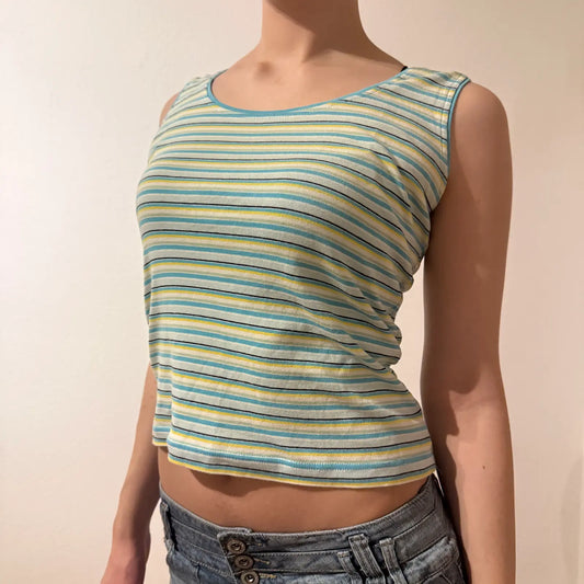 Striped Pastel Sleeveless Crop Top – Vintage 2000s Y2K Layering Shirt (S)