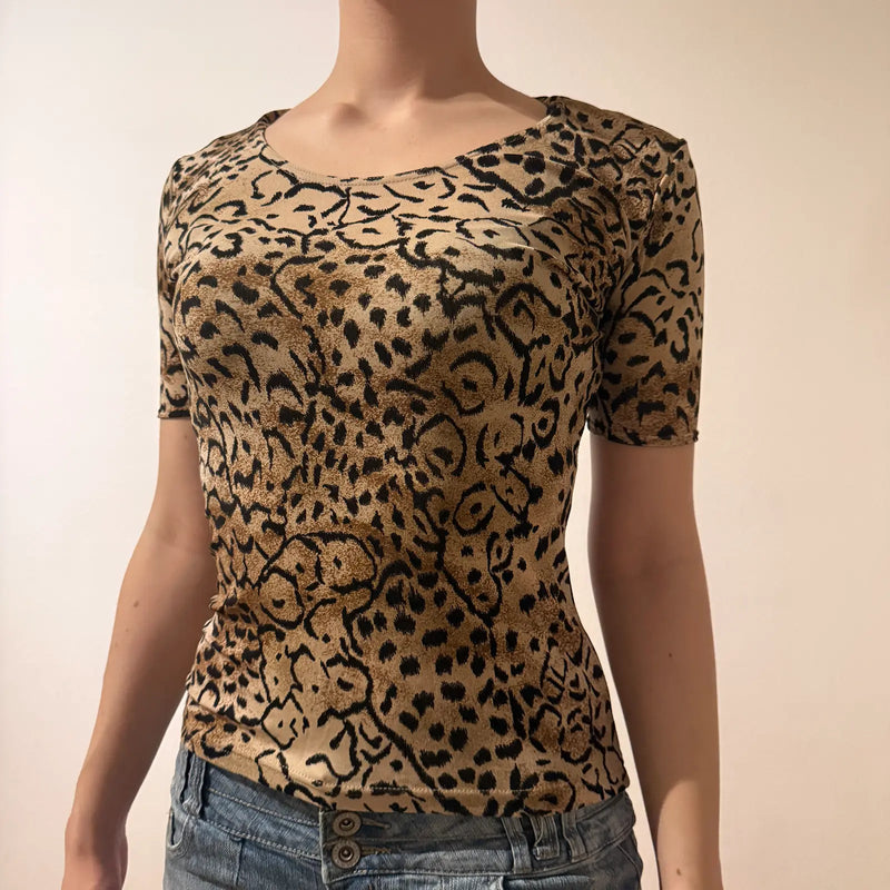 Leopard Print Fitted Top – Short Sleeve Y2K Piece (S)