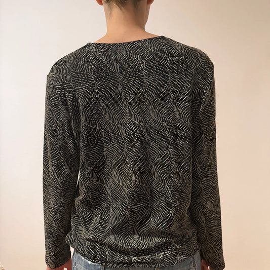 Vintage Wavy Dot Sheer Long Sleeve Top – Minimal Y2K Glitter Shirt (S/M)