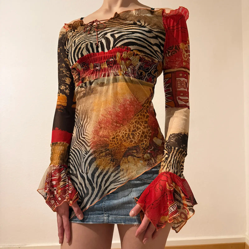 Safari Print Mesh Long Sleeve Top – Y2K Sheer Animal Pattern Blouse (S)