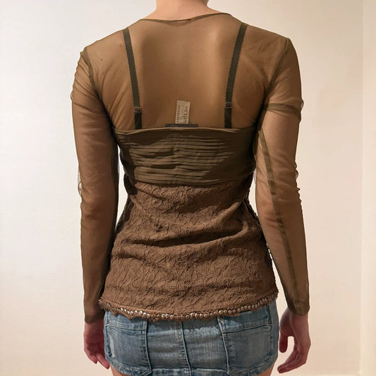 Sheer Brown Sequin Lace Top – Vintage Y2K Mesh Long Sleeve (S/M)