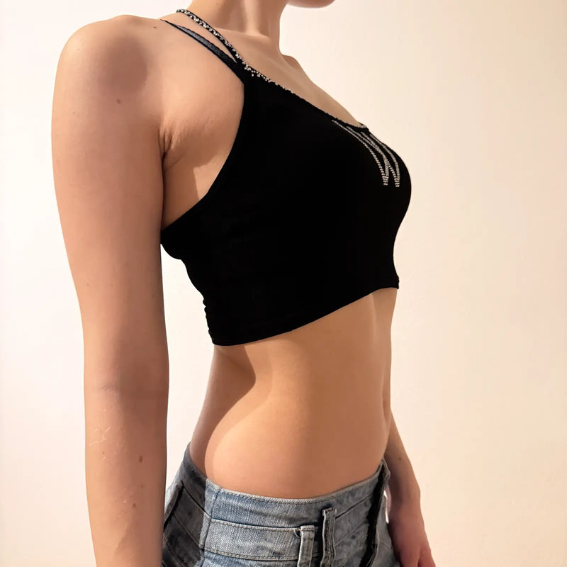 Black Rhinestone W Crop Top – Y2K Halter Clubwear Tank (S)