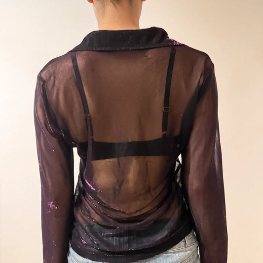 Sheer Black Button Down Shirt – Vintage Mesh Shimmer Blouse Y2K (S)