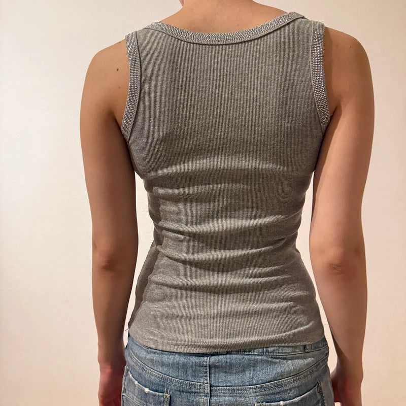 Gray Ribbed Tank Top with Shimmer Trim Y2K Basic (S)