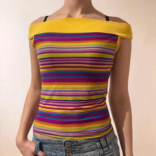 Rainbow Striped Off-Shoulder Top with Yellow Neckline – Vintage 2000s (S)