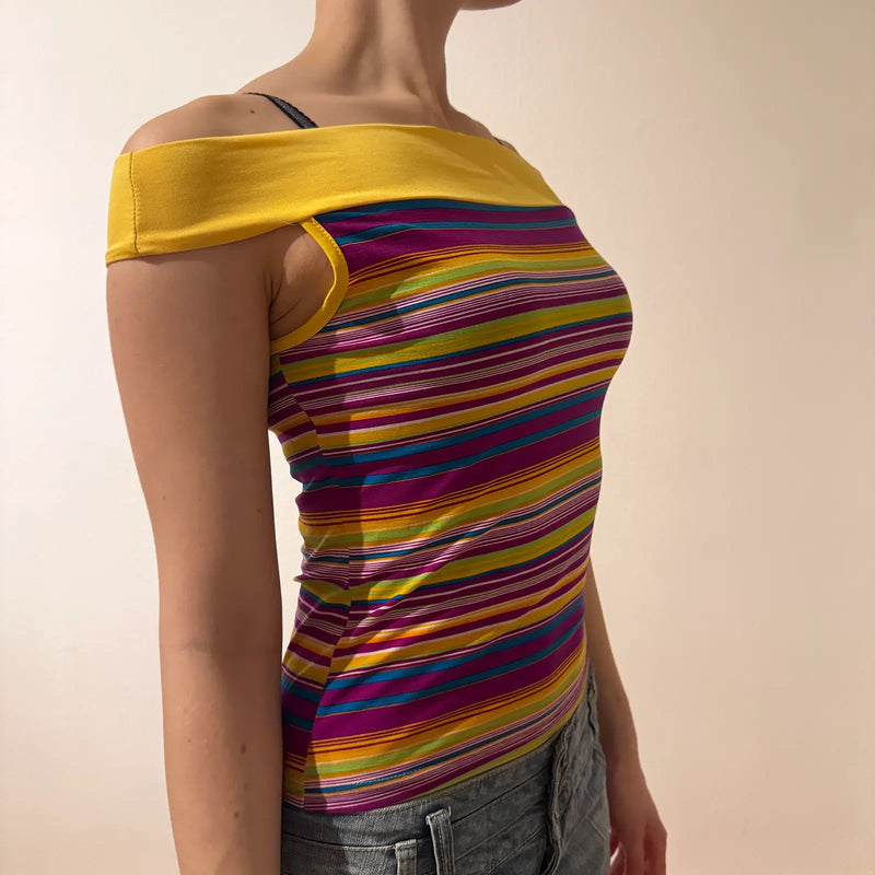 Rainbow Striped Off-Shoulder Top with Yellow Neckline – Vintage 2000s (S)