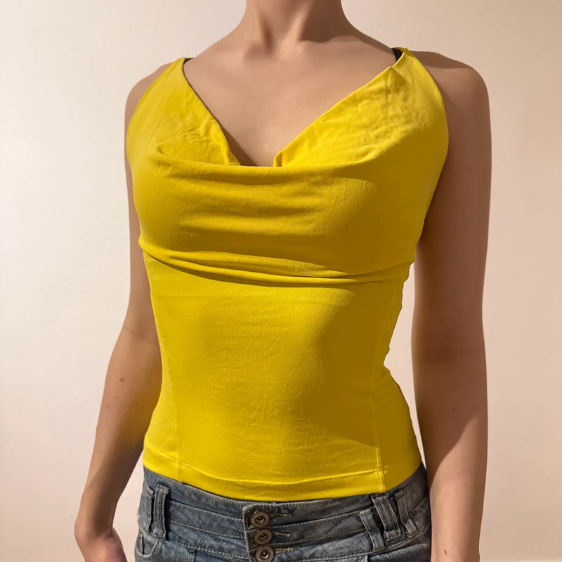 Yellow Cowl Neck Halter Top 2000s Clubwear (S)