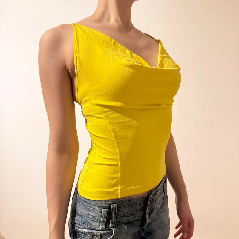 Yellow Cowl Neck Halter Top 2000s Clubwear (S)
