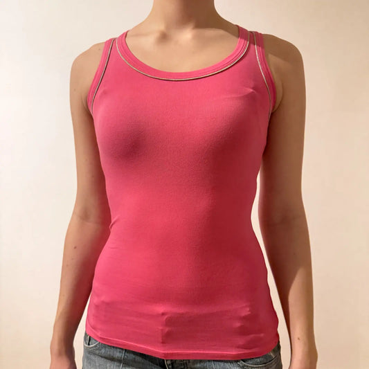 Hot Pink Ribbed Tank Top with Contrast Stitching Y2K (S)