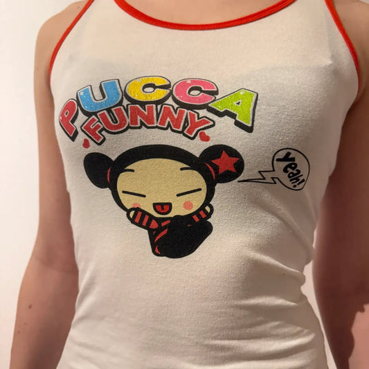 Y2K  Pucca Cartoon Graphic Tank Top with Red Trim Vintage (S)