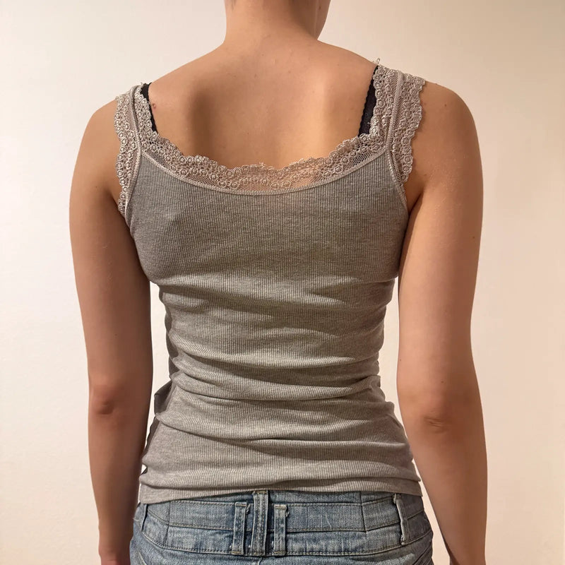 Gray Rhinestone Lace Trim Tank Top - 2000s Vibe (S)