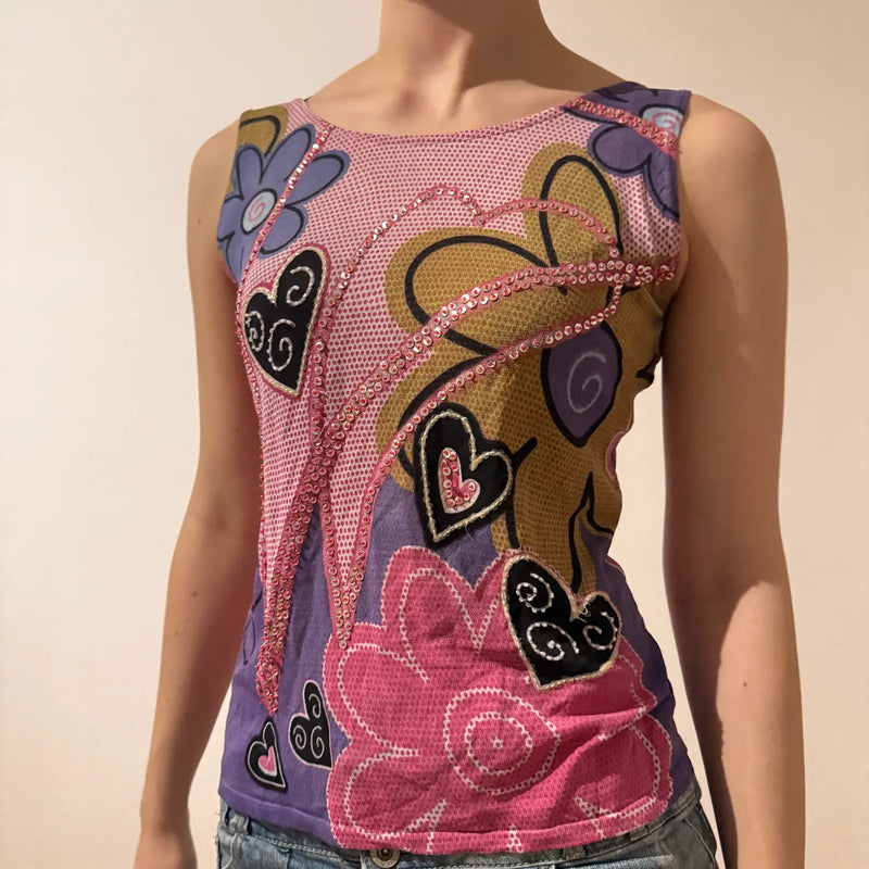 Y2K Colorful Quality Sequin Mesh Tank Top - Early 2000s Vibe (S)