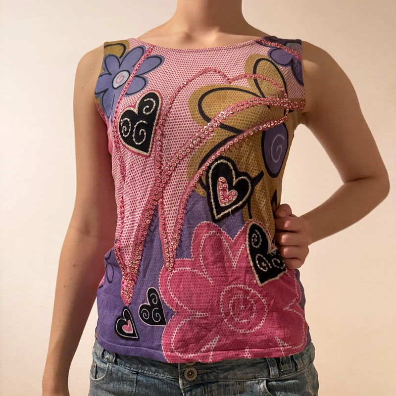 Y2K Colorful Quality Sequin Mesh Tank Top - Early 2000s Vibe (S)